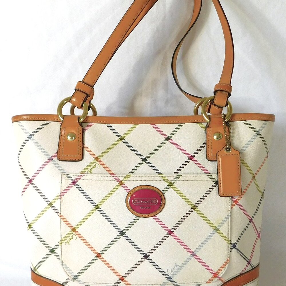 Large Coach Ivory Multi-Colored Striped Natural Hide Leather Tote handbag Purse